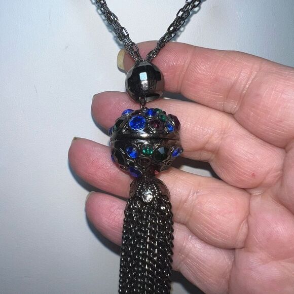 Gunmetal and Crystal Long Fringe Statement Necklace‎ - Picture 5 of 11